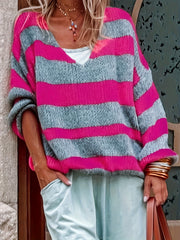 Casual Sweater Women's Plus Stripe Print Long Sleeve V Neck