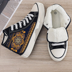 Ethnic Print Plush Lined Canvas Sneakers Fall Winter Warm Shoe