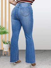 High Rise Flared Leg Jeans with Fringe Trim