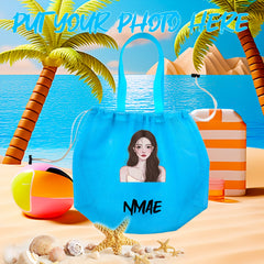 Custom Photo Beach Bag Pink Green Mesh Tote Ergonomic Strap