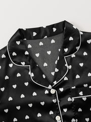 Heart Print Pajamas Set Short Sleeve Buttons Top & Shorts Women's Sleepwear