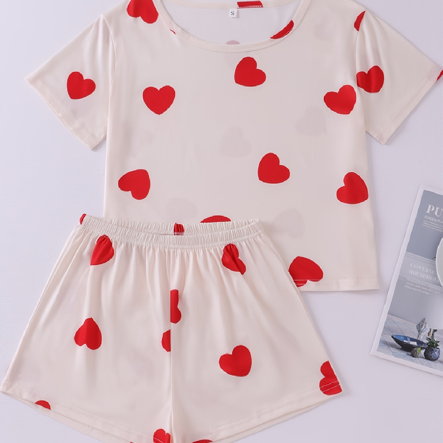 Heart Print Short Sleeve Pajama Set for Women