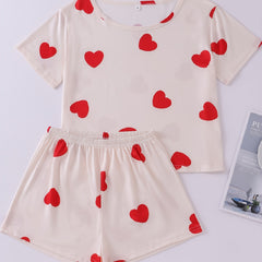 Heart Print Short Sleeve Pajama Set for Women