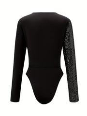 Sequined Surplice Neck Bodysuit Long Sleeve Slim Fit