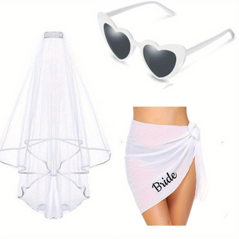Beach Party Bride Outfit 3pcs Set Short Tulle Veil & Heart Shaped Glasses