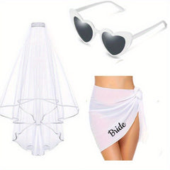 Beach Party Bride Outfit 3pcs Set Short Tulle Veil & Heart Shaped Glasses