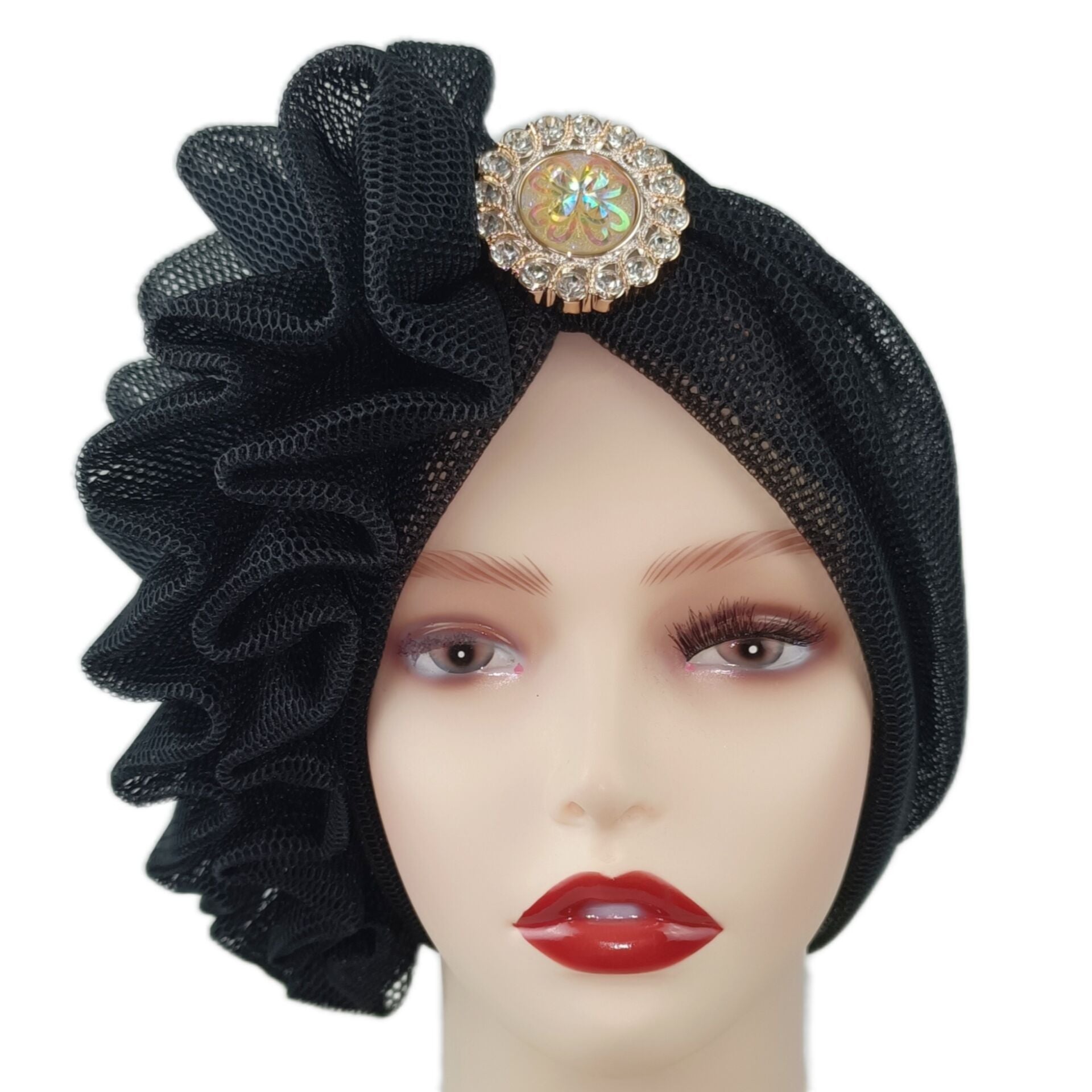 Sparkling Alloy Mesh Turban Cap Flower Wrinkled Hijab Hair Accessory
