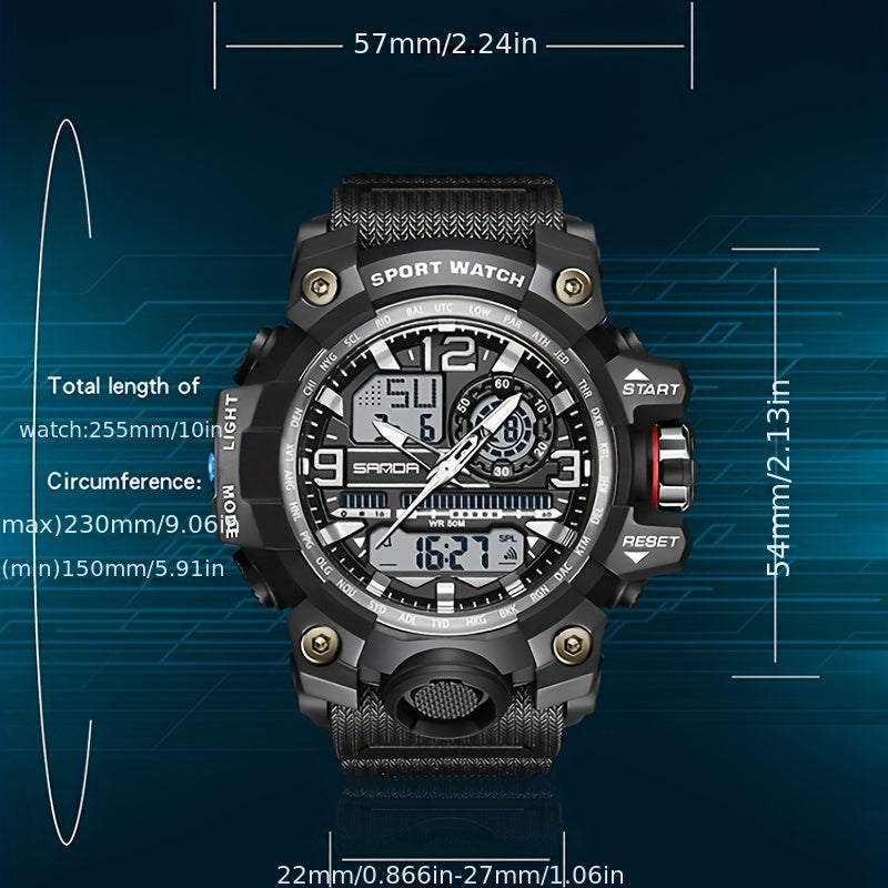 SANDA Men's Sports Watch Waterproof LED Dual Screen Multifunctional