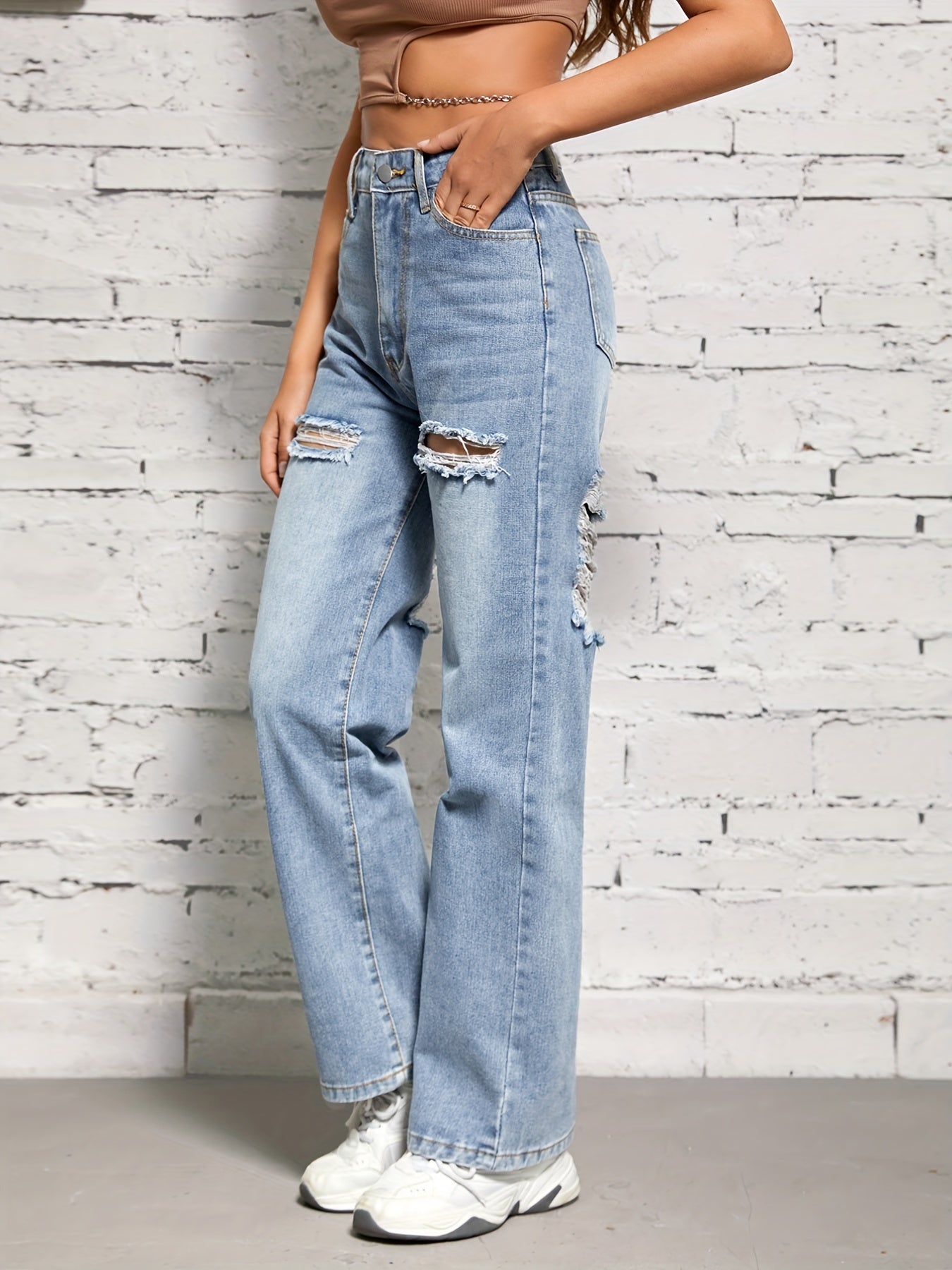 Distressed Loose Fit High Waist Denim Trousers Women's Jeans