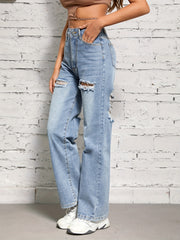 Distressed Loose Fit High Waist Denim Trousers Women's Jeans