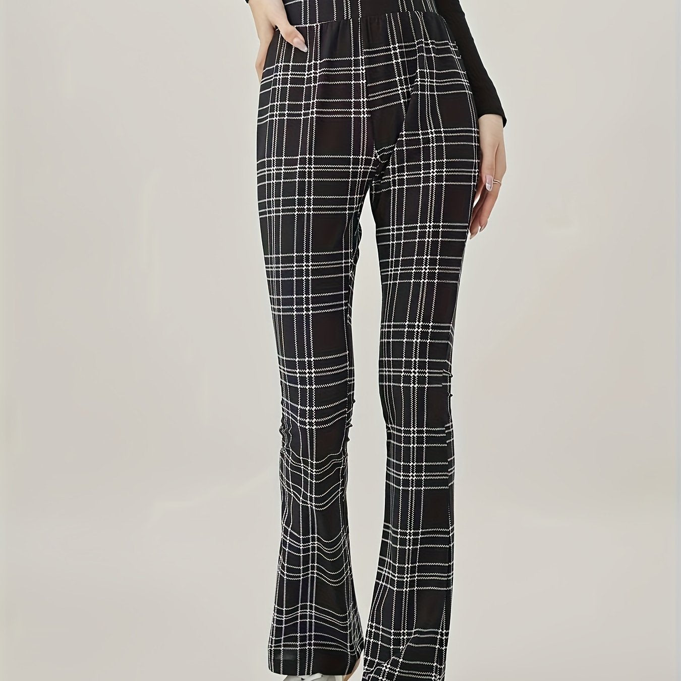 Plaid Print High Rise Fitness Flared Leg Trousers