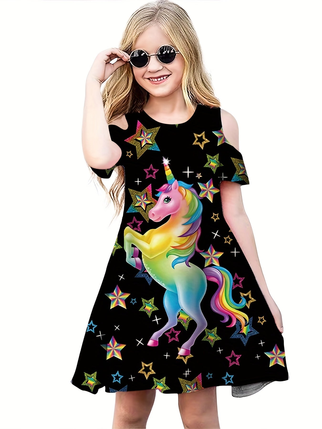 Girls Rainbow Unicorn & Star Print Cold Shoulder Dress