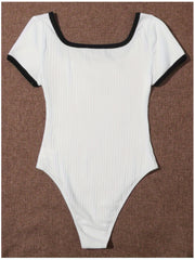 Butterfly Print Bodysuit Contrasting Trim Square Neck One Piece