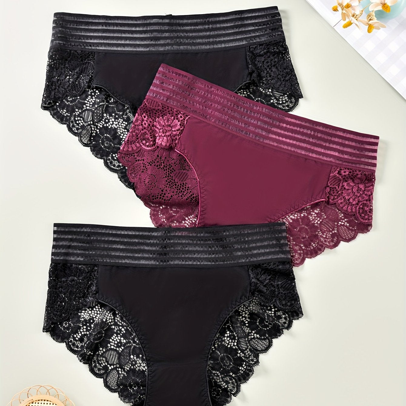 3 Pack Plus Size Lace Striped High Waist Briefs Set