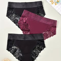 3 Pack Plus Size Lace Striped High Waist Briefs Set