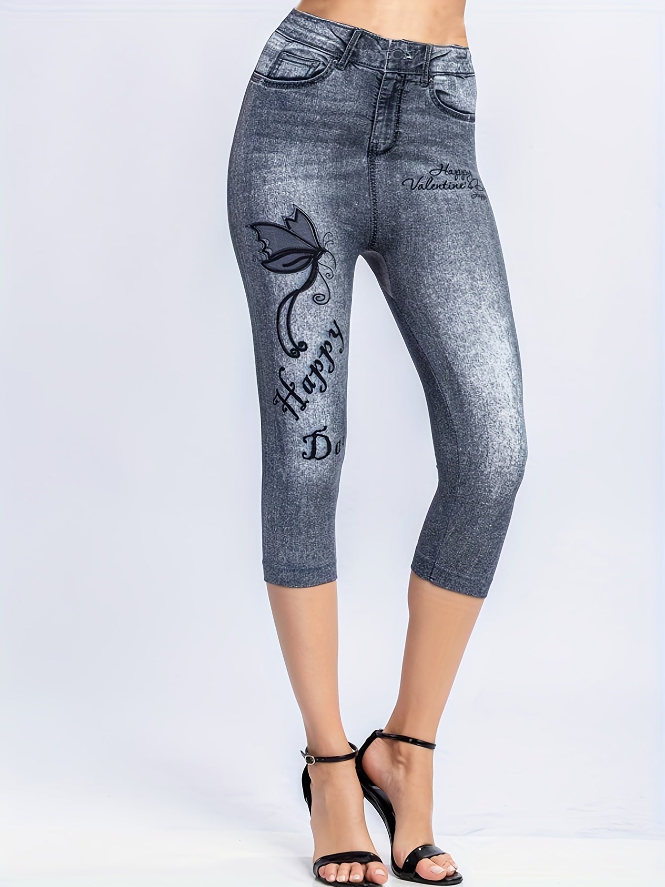 Denim & Butterfly Print Leggings Casual Skinny High Waist Women's Clothing