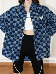 Checkerboard Print Denim Jackets Loose Fit Heart Pattern Denim Coats Women's