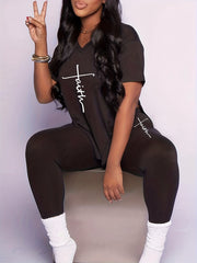 Letter Print Matching Two piece Set Short Sleeve T shirt & Casual Leggings