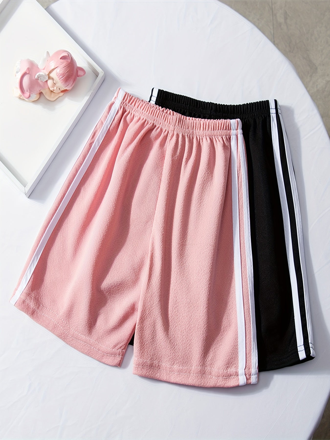 2pcs Girls Striped Waistband Shorts for Kids Summer Beach