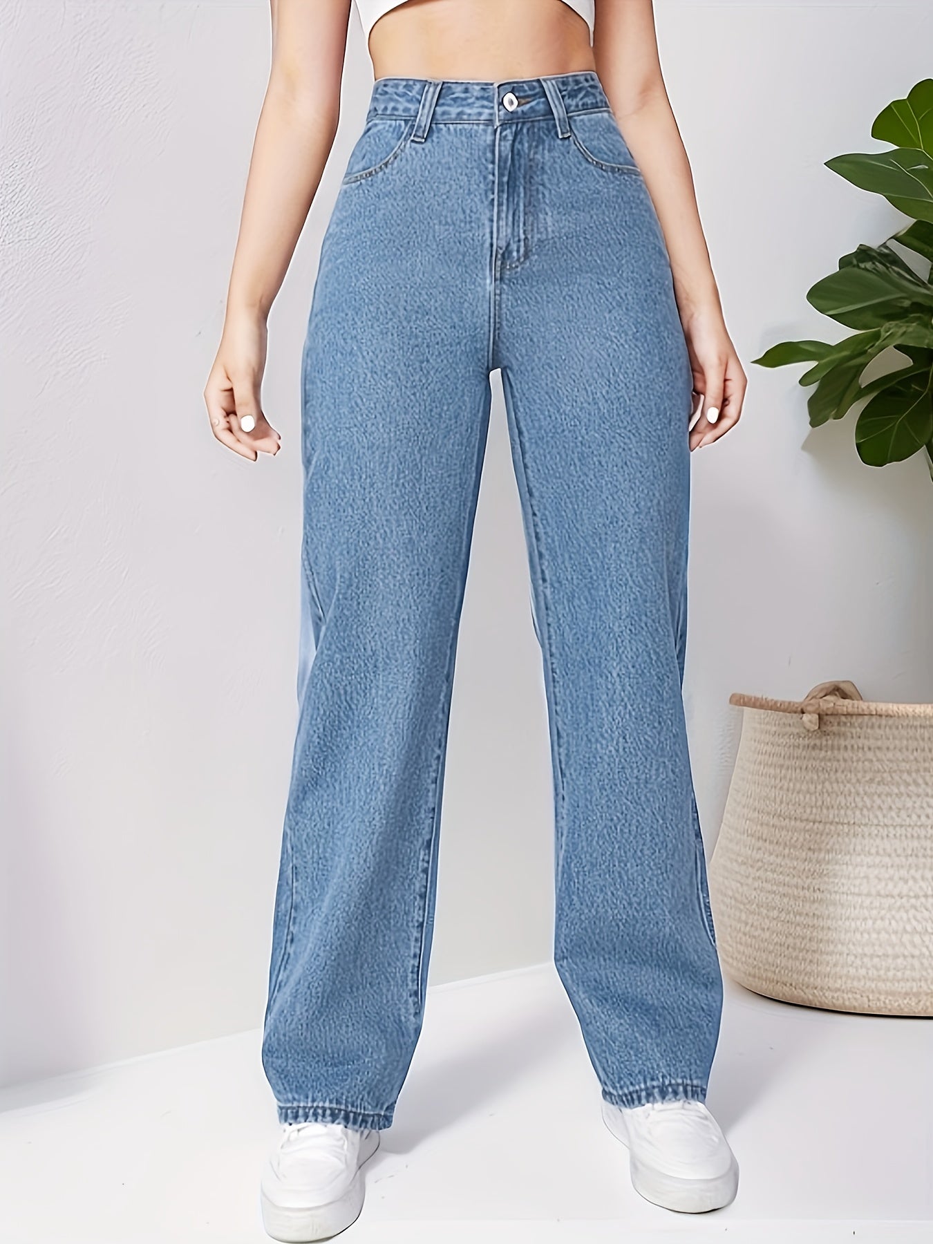 High Waist Straight Jeans Non Stretch Denim Pants