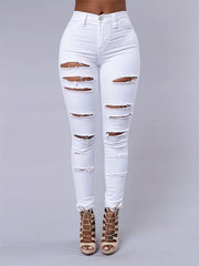 High Strech Distressed Jeans Solid Slim Fit Denim Pants Women's Jeans