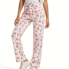 Butterfly Print Pink Straight Leg Jeans