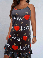 Sexy Nightdress Heart & Letter Print Medium Stretch Cami Sleep Dress