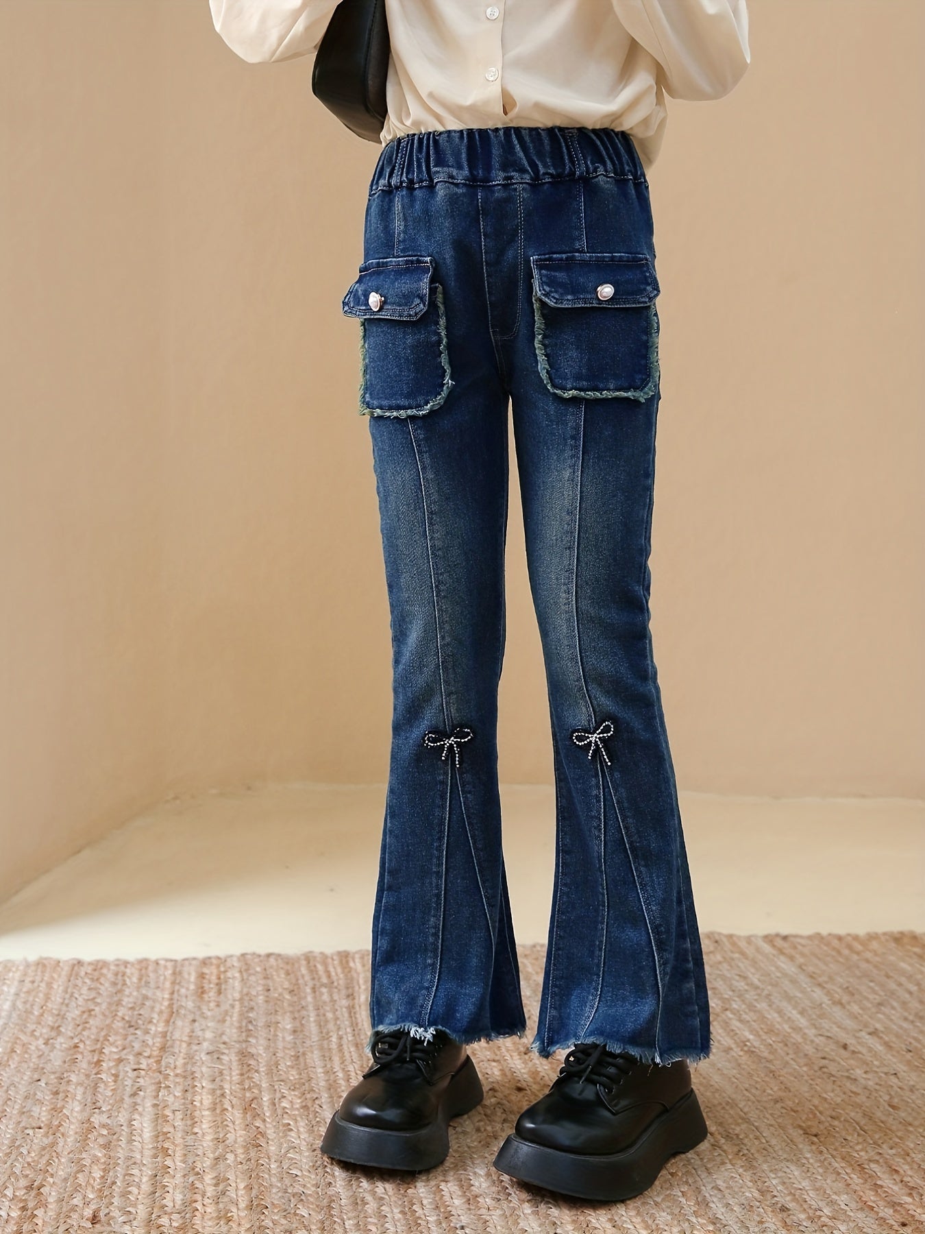 Girl's Flared Jeans with Bowknot - Youth Casual Clothing