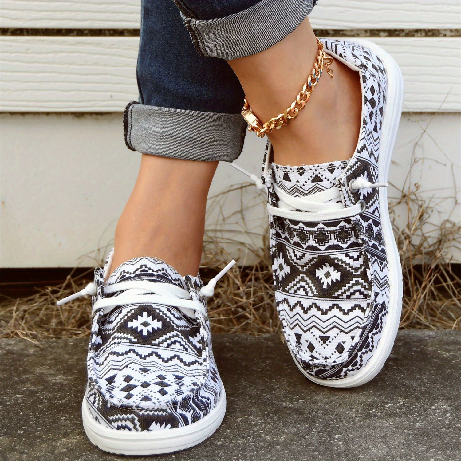 Boho Pattern Boat Shoes Lace Up Lightweight Walking Shoes Slip on Canvas Shoes