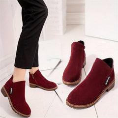 Chunky Heeled Ankle Boots Round Toe Zipper Shoes
