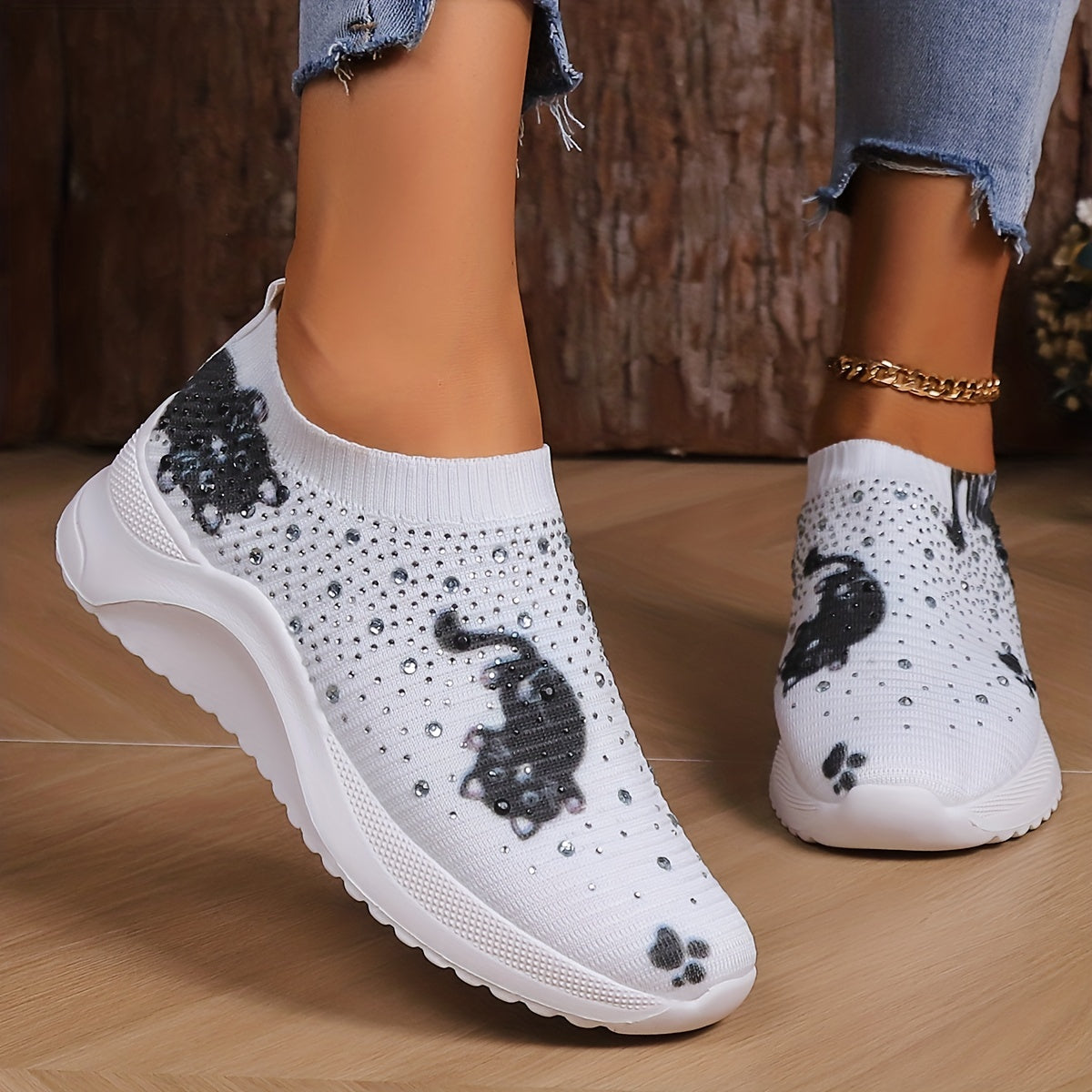 Cat Pattern Rhinestone Decor Breathable Running Shoes Lightweight Sneakers