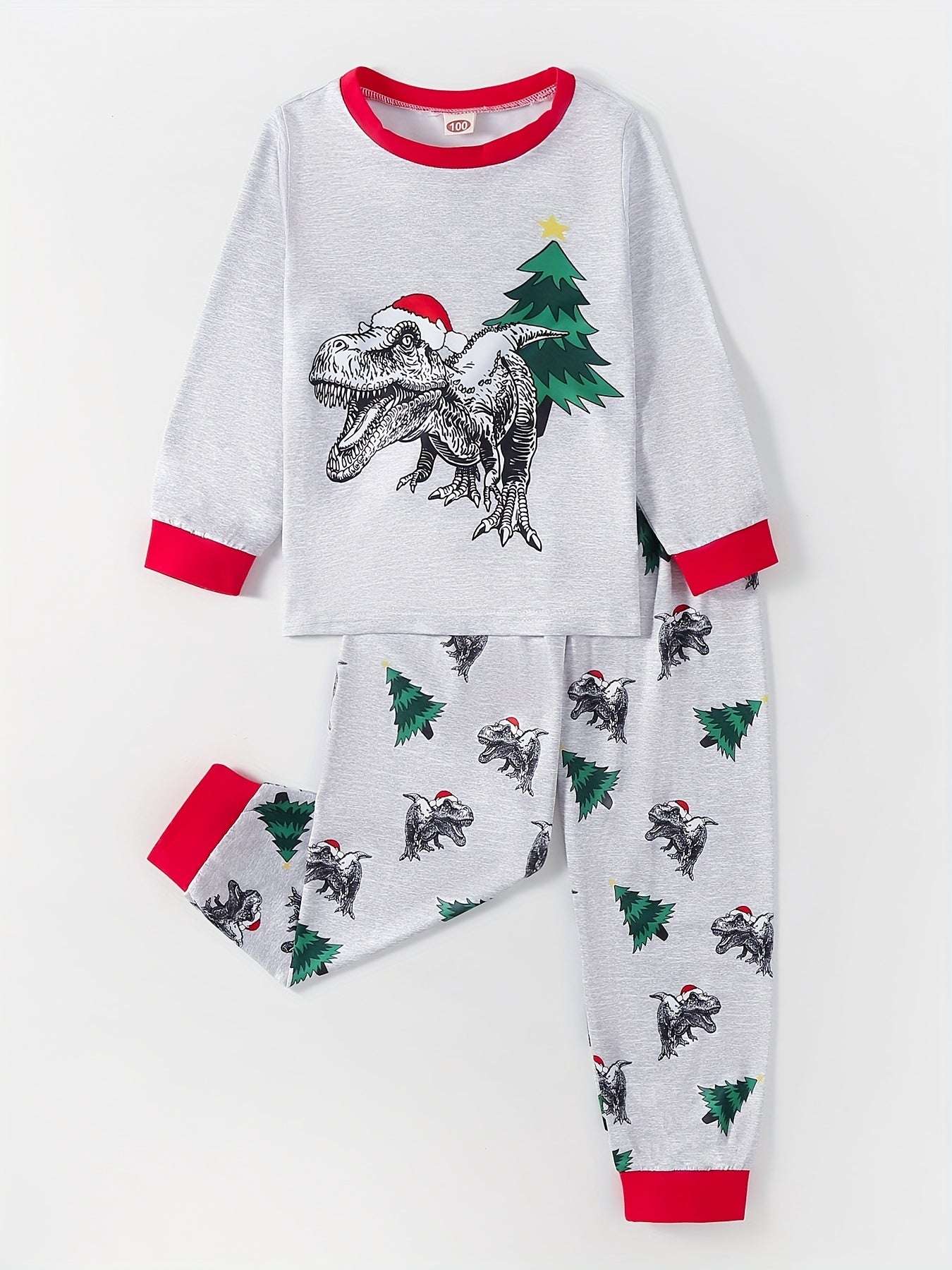Boys 2pcs Dino & Xmas Tree Print Pajama Set Long Sleeve Top & Pants