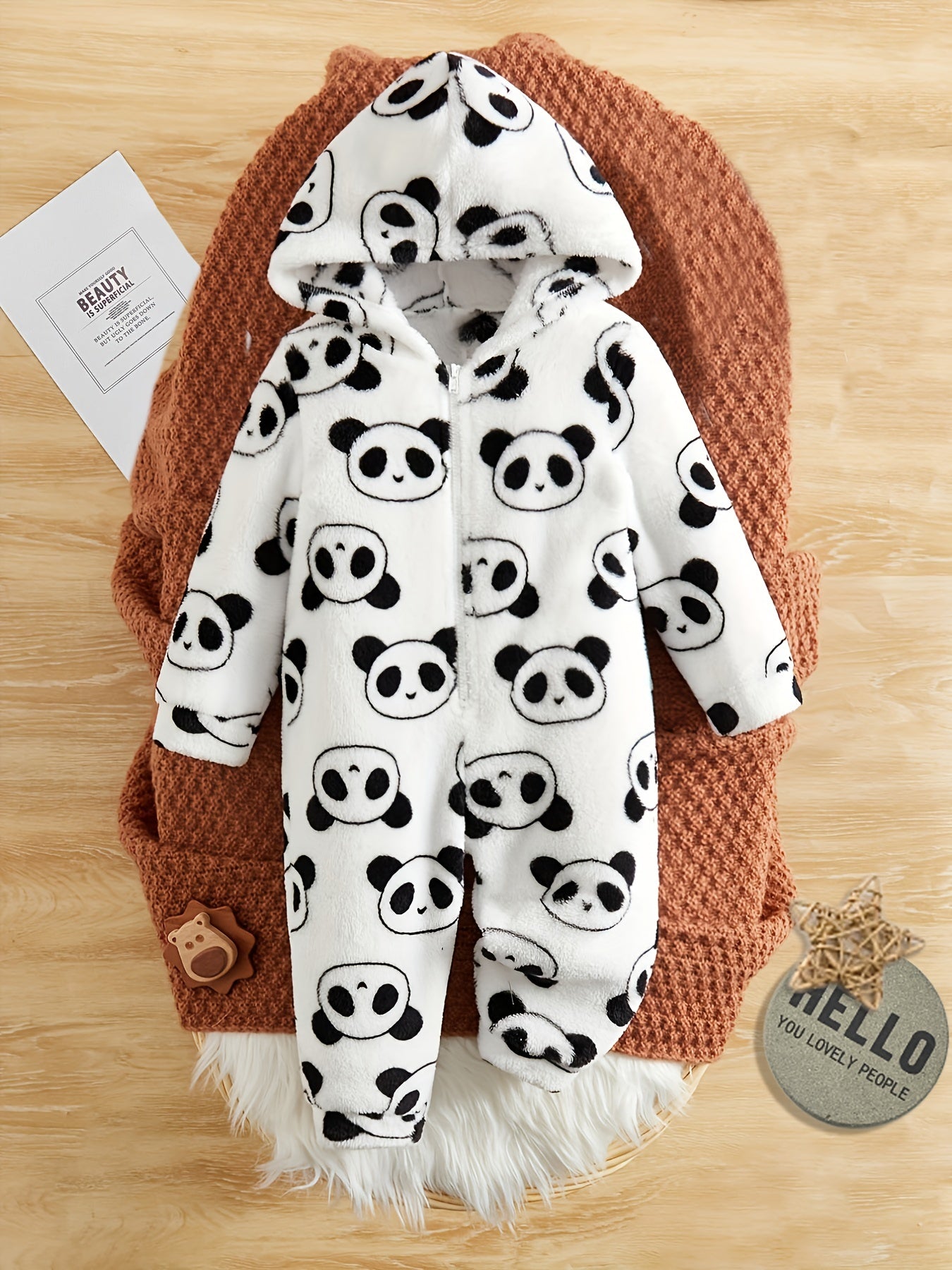 Panda Hooded Jumpsuit Baby Boys Thermal Bodysuit
