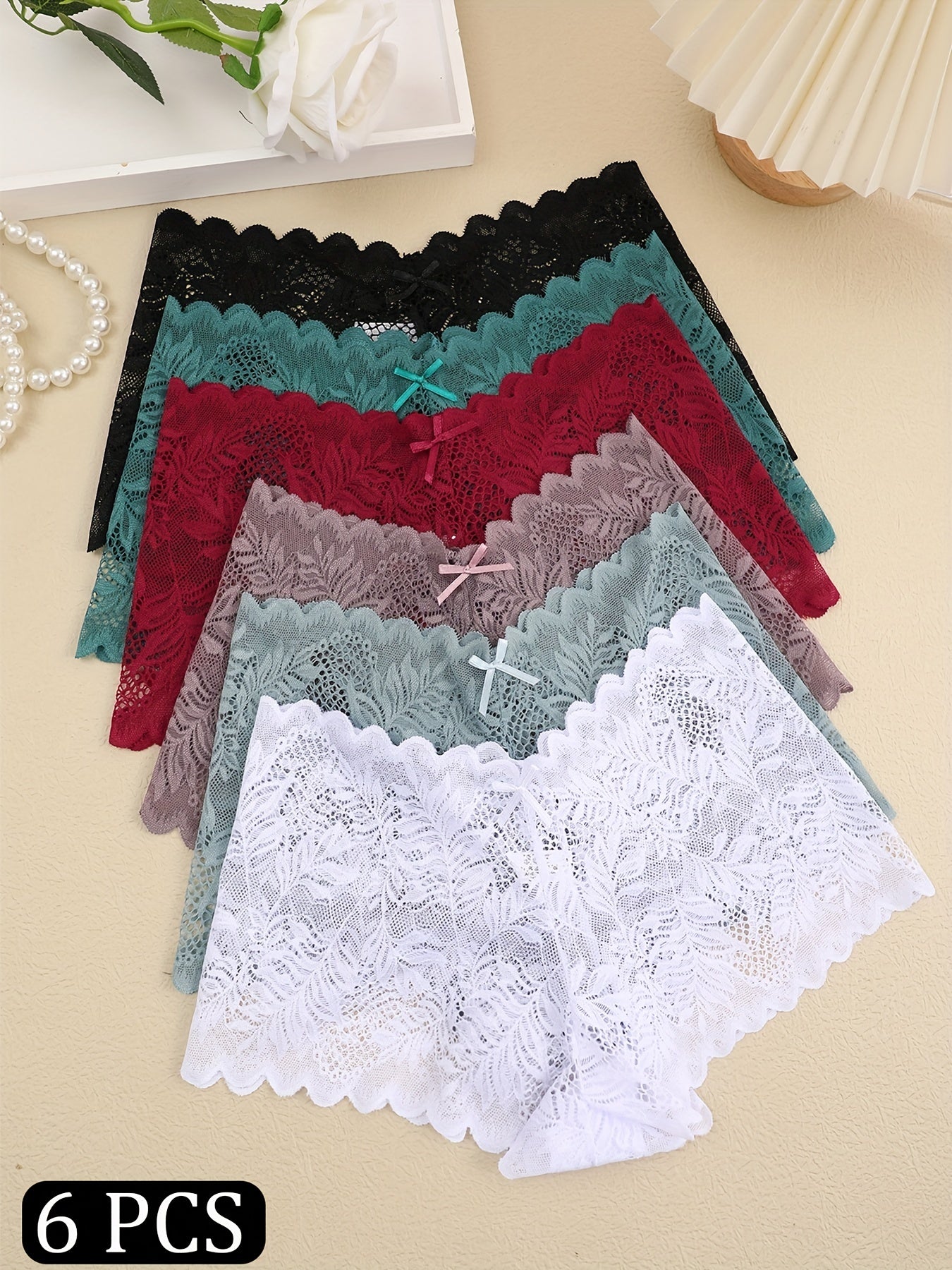 6pcs Floral Lace Boyshort Panties Scallop Trim Intimates Women's Lingerie