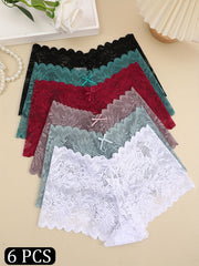 6pcs Floral Lace Boyshort Panties Scallop Trim Intimates Women's Lingerie