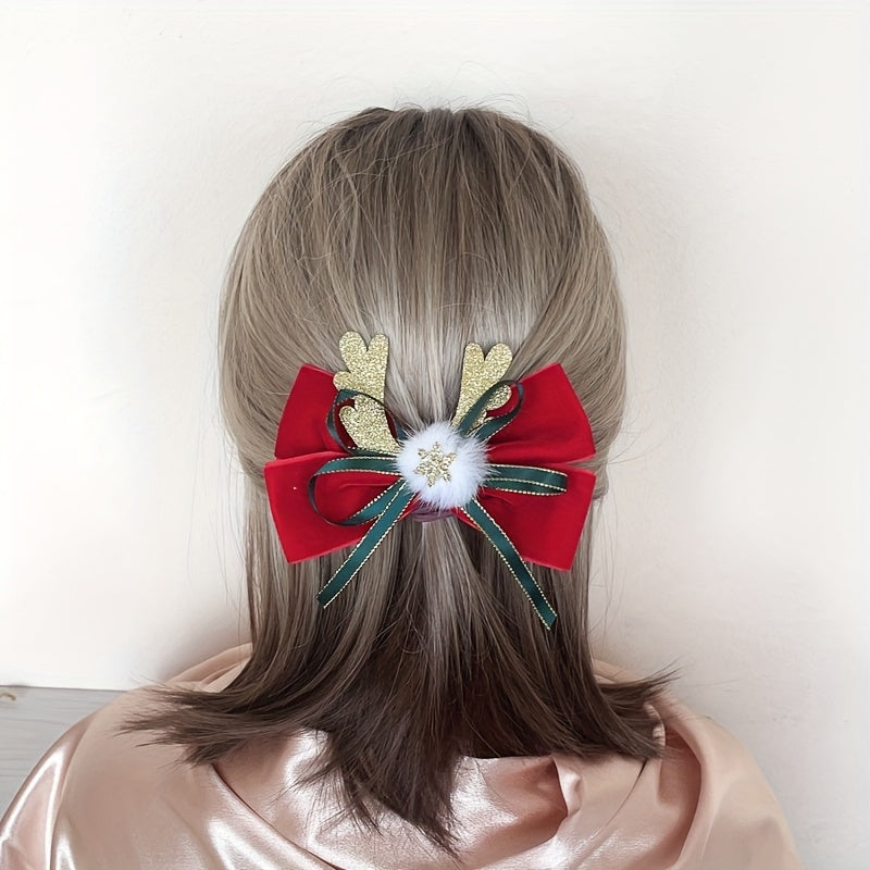 Antler Ribbon Bow Clips Christmas Hair Accessories Women Girls Party