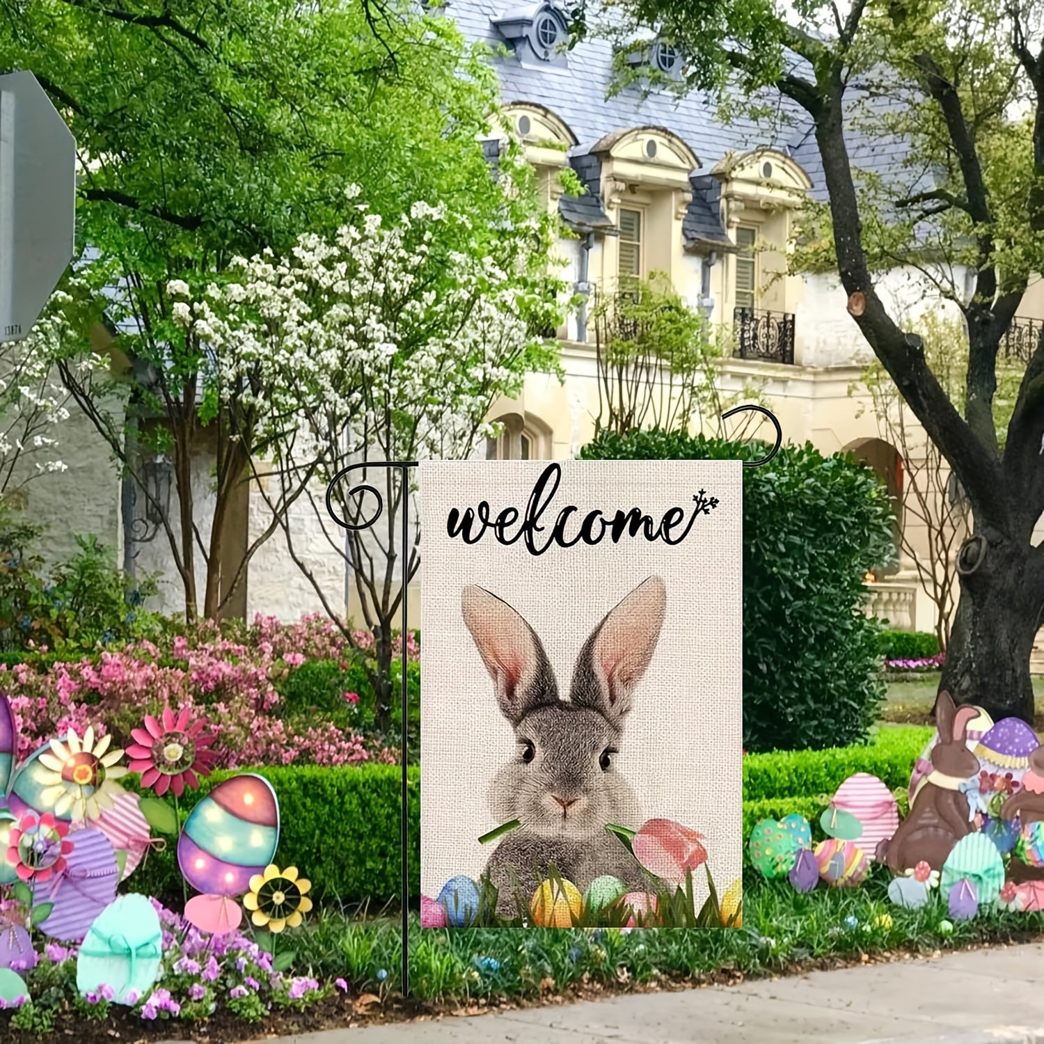Welcome Rabbit Easter Garden Flag Double Sided Spring Bunny Tulip Egg