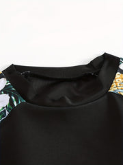 Tropical Print Tankini Set Long Sleeves Round Neck Two Pieces Swimsuit