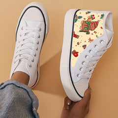Christmas Cartoon Print Chunky Canvas Sneakers High Top Skate Shoes