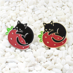 Cat & Strawberry Brooch Set Cute Animal Fruit Pins for Clothing Bags