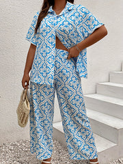 Women's Plus Floral Print Short Sleeve Blouse & Wide Leg Pants Set