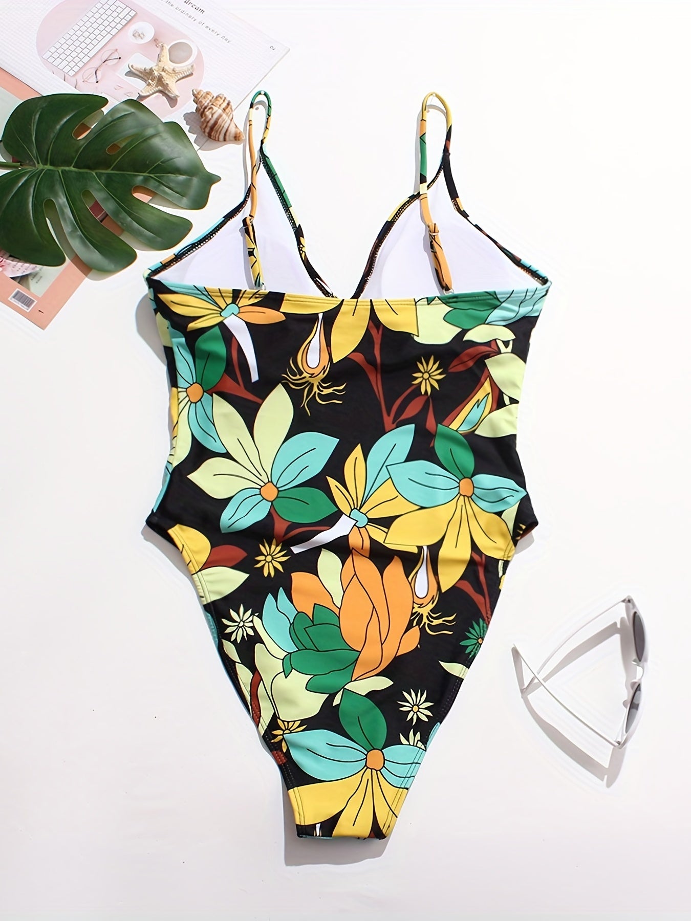 Floral Print High Leg V-Neck One Piece Swimsuit Plus Size