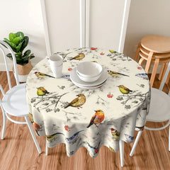 Colorful Bird Round Tablecloth Bohemian Design Stain/Water/Wrinkle Resistant