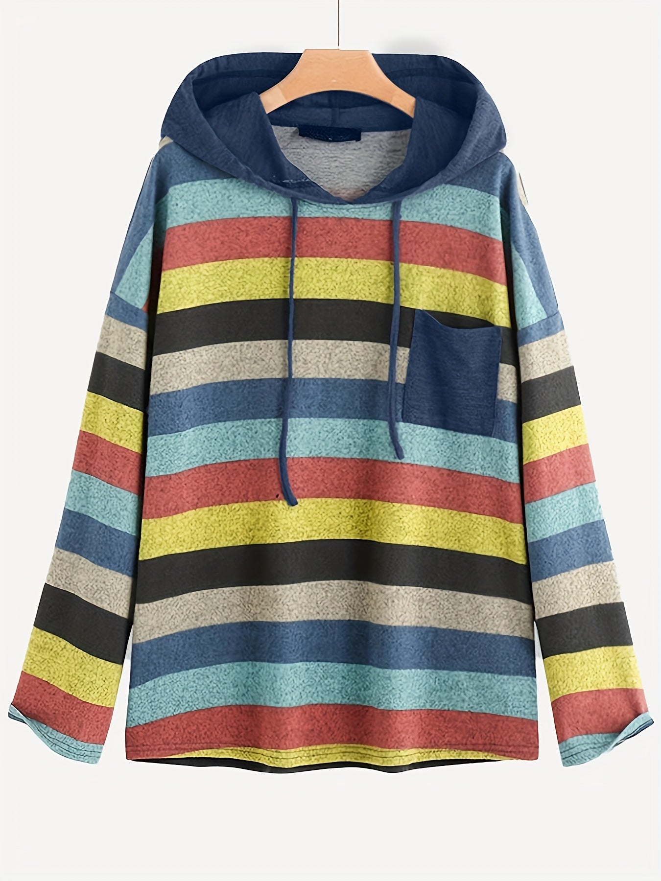 Block Striped Pocket Hoodie Long Sleeve Drawstring Hoodies Sweatshirt