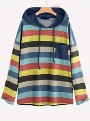 Block Striped Pocket Hoodie Long Sleeve Drawstring Hoodies Sweatshirt