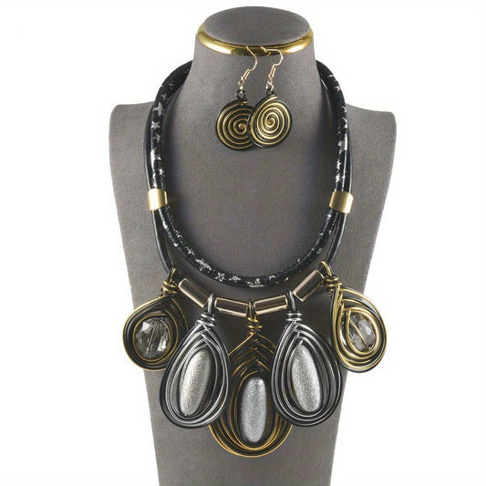 Bohemian Style Necklace & Earring Set Vintage Colorful Chunky Jewelry for Women