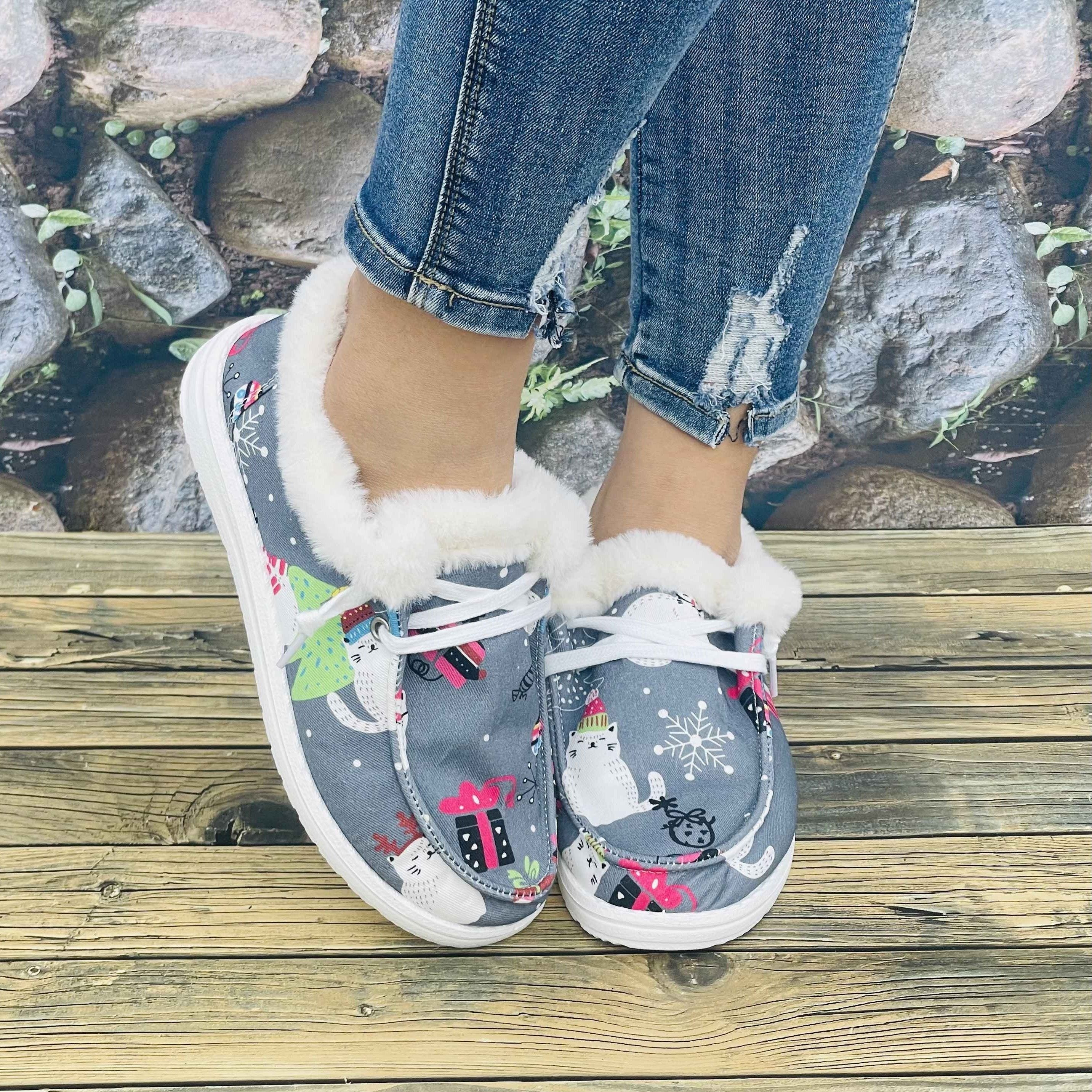 Christmas Women's Flat Cat Print Snow Boots Slip On