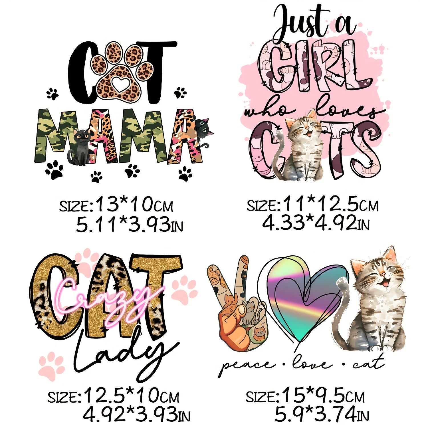 4pcs Cat Mom Iron-On Stickers for DIY T-shirt Backpack Hat Decoration