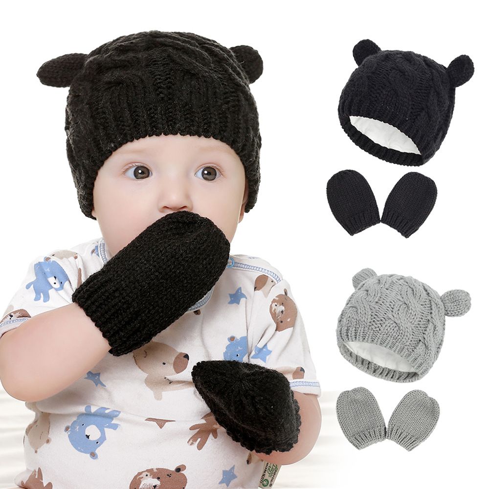 Newborn Infant Ear Knitted Beanie Hat Warm Winter Cap & Mittens Gloves Set