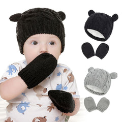 Newborn Infant Ear Knitted Beanie Hat Warm Winter Cap & Mittens Gloves Set